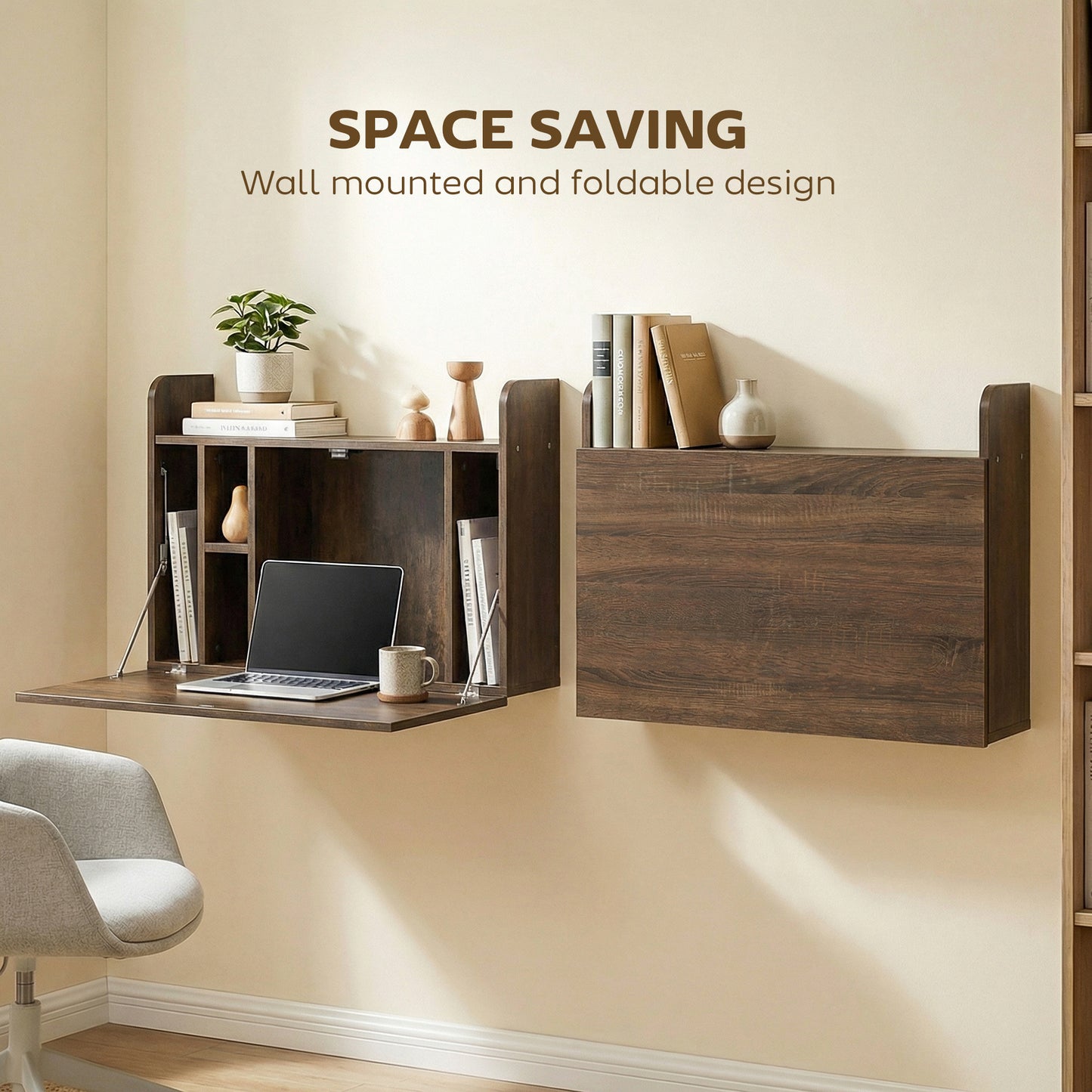 Wall Mounted Table w/ Space Saving Storage Compartments, Dark Brown