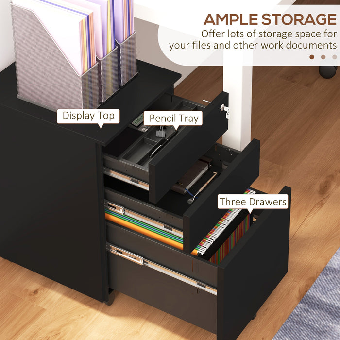 3-Drawer Vertical Filing Cabinet w/ Lock & Pencil Tray, Steel Mobile File Cabinet w/ Adjustable Hanging Bar for A4, Legal Size, Black