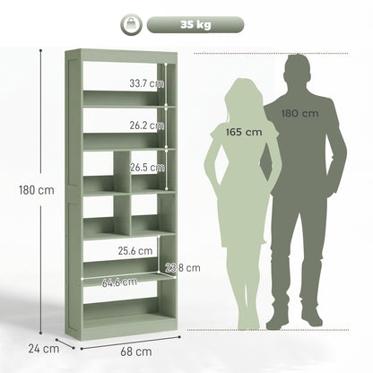 Bookcase, 6-Tier Bookshelf with 4 Open Storage Shelves, 4 Cubes, 68 x 24 x 180 cm Tall Display Shelf with Anti-Tipping Design for Living Room, Bedroom, Study, Green