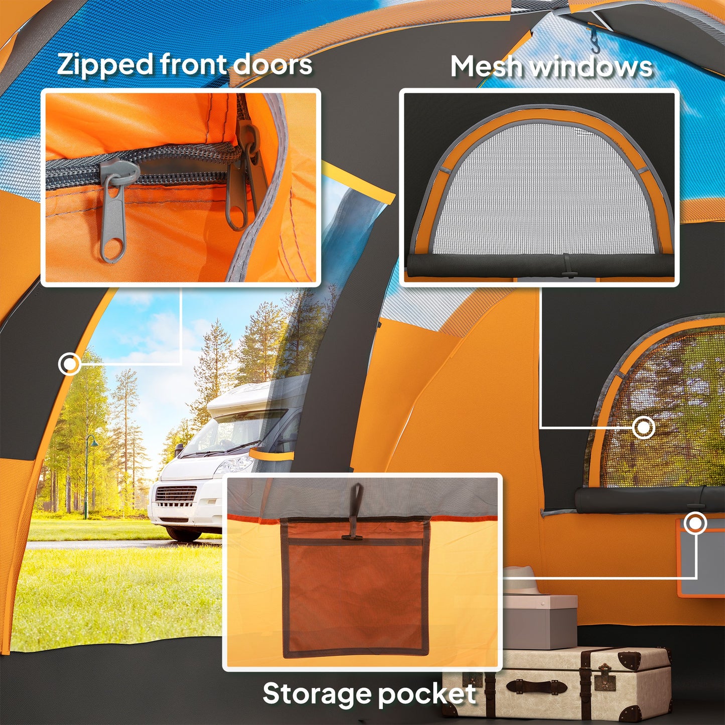 5-6 Man Camping Tent with Bag, Fibreglass and Steel Frame, Orange