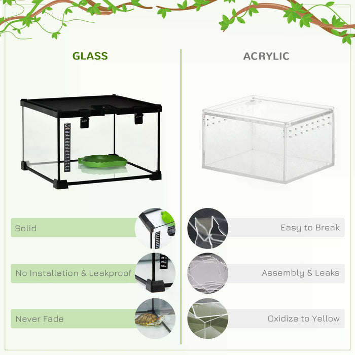 30 x 30 x 20 cm Reptile Glass Terrarium, Reptile Breeding Tank, Climbing pet Glass Containers, Arboreal Box, with Strip Patch Thermometer-Black