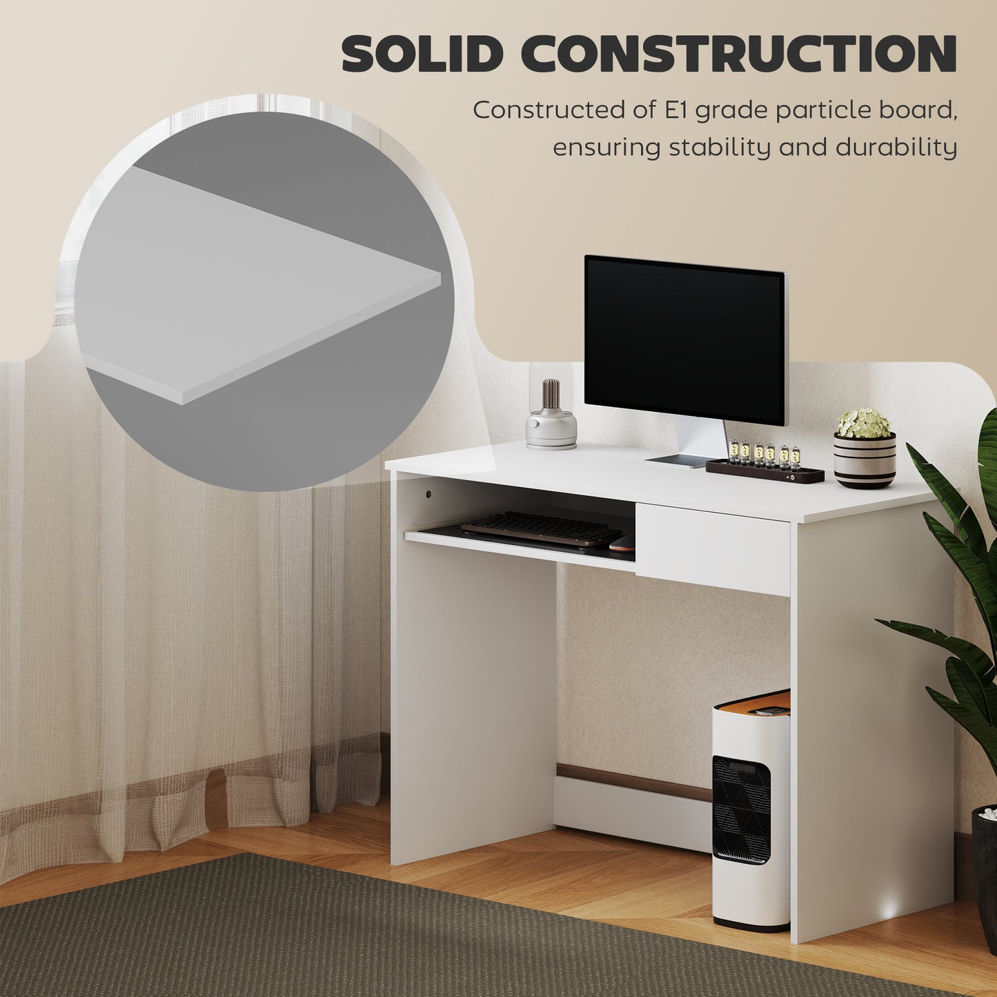 Compact Computer Table with Keyboard Tray and Drawer, White