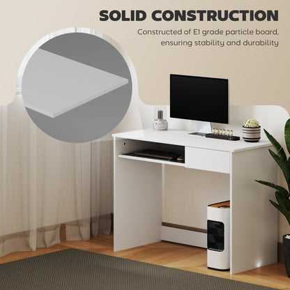 Compact Computer Table with Keyboard Tray and Drawer, White