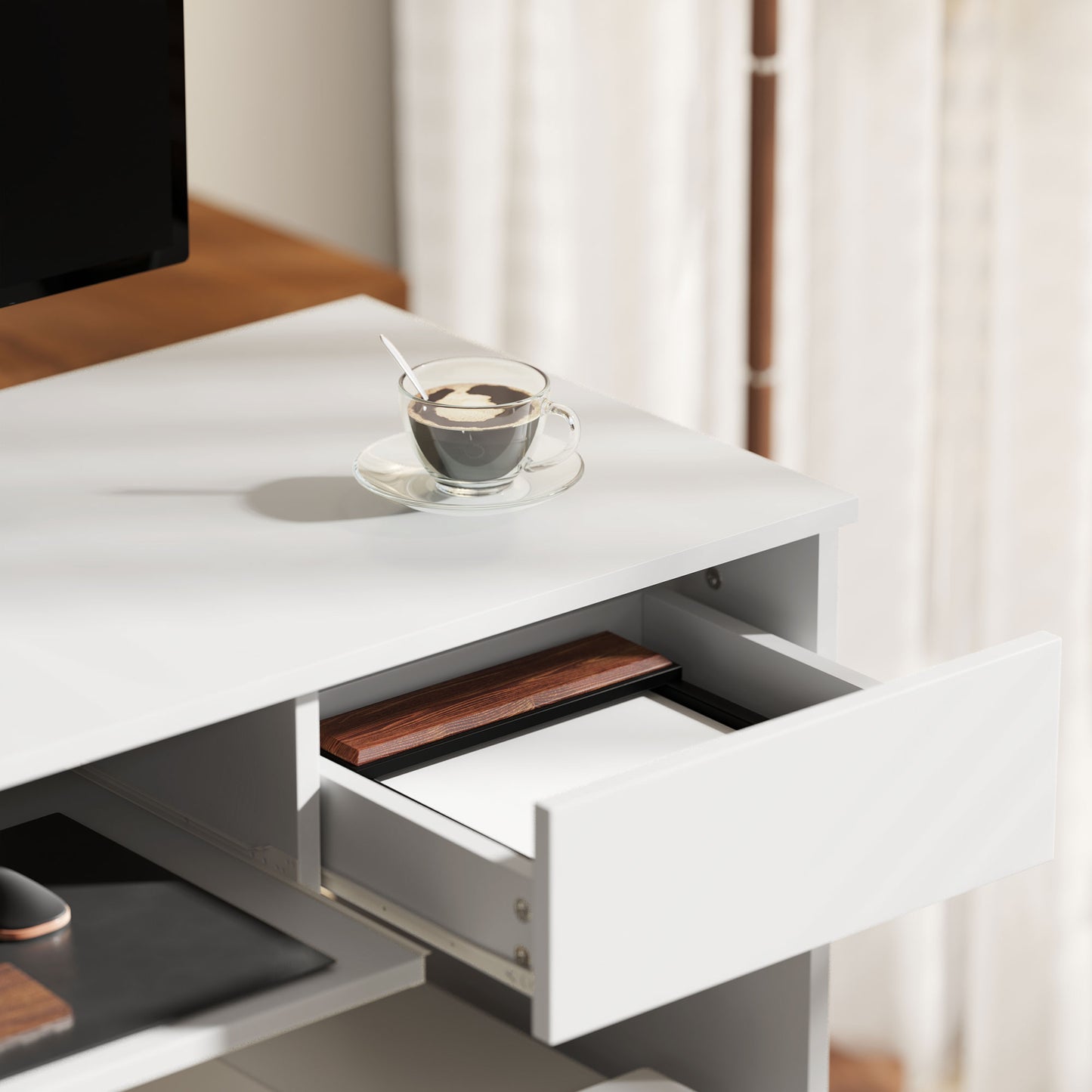 Compact Computer Table with Keyboard Tray and Drawer, White