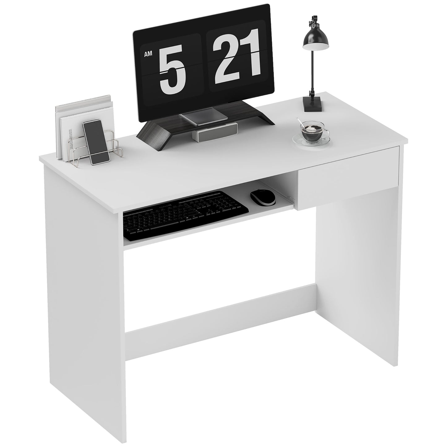 Compact Computer Table with Keyboard Tray and Drawer, White