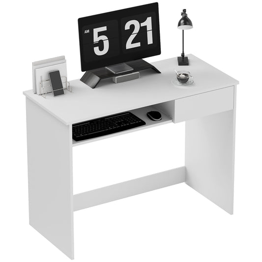 Compact Computer Table with Keyboard Tray and Drawer, White