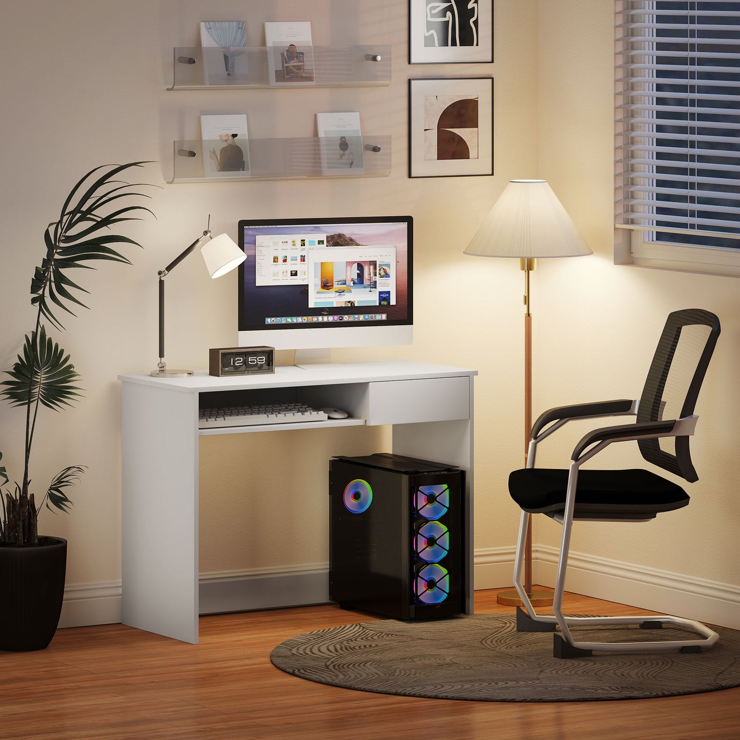 Compact Computer Table with Keyboard Tray and Drawer, White