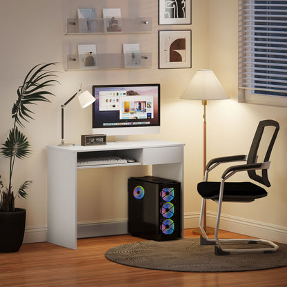 Compact Computer Table with Keyboard Tray and Drawer, White