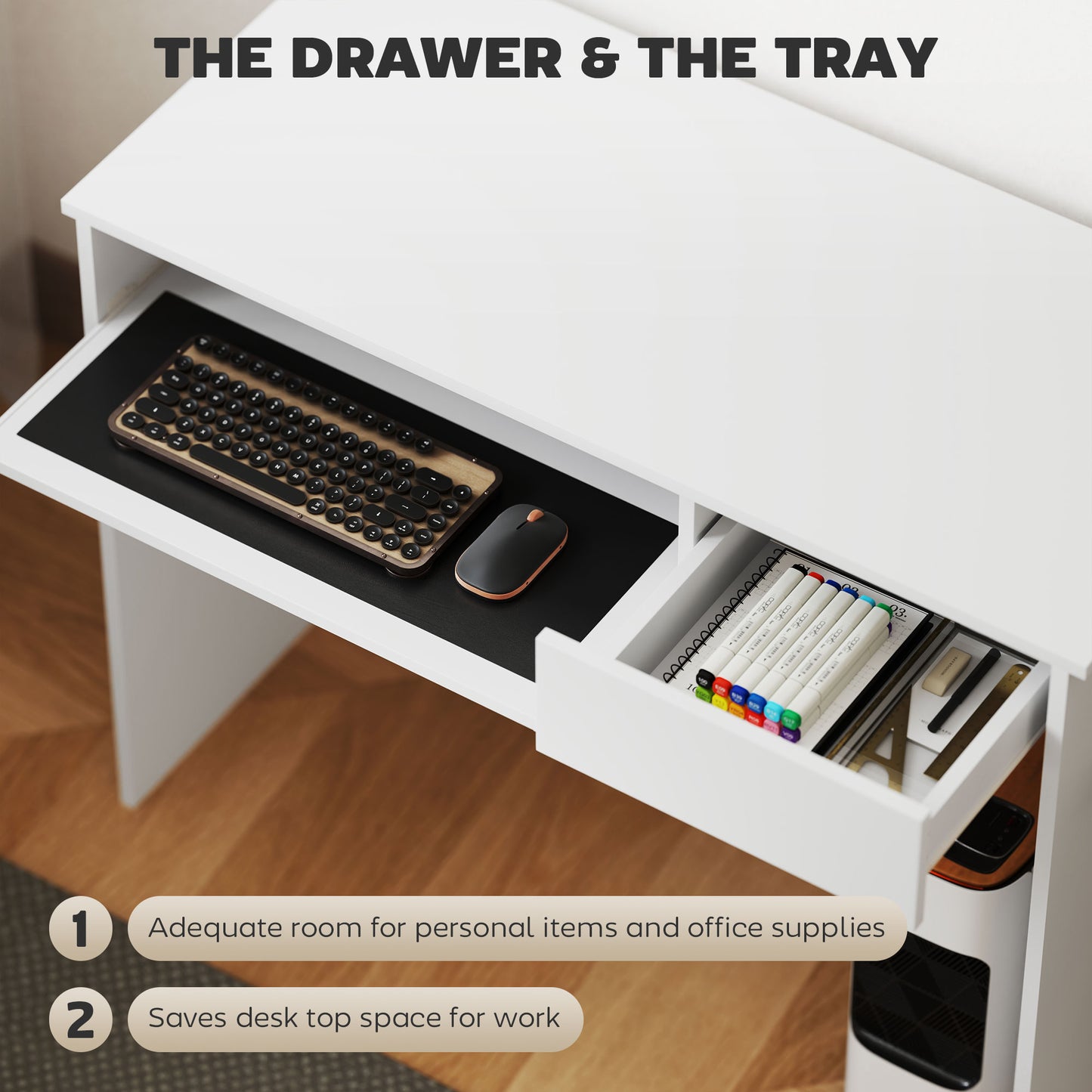 Compact Computer Table with Keyboard Tray and Drawer, White