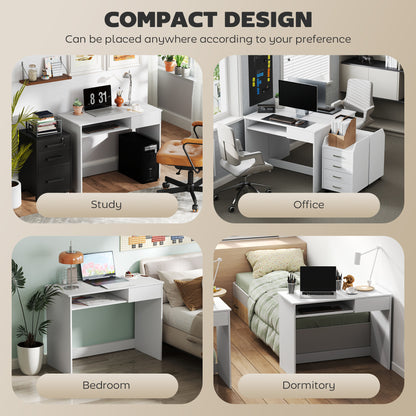 Compact Computer Table with Keyboard Tray and Drawer, White