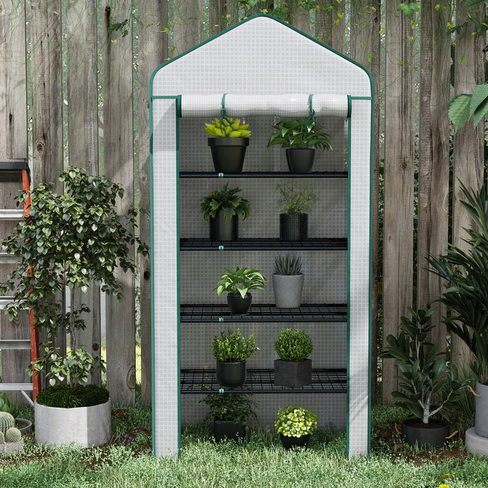 5 Tier Widened Mini Greenhouse w/ Reinforced PE Cover, Portable Green House w/ Roll-up Door & Wire Shelves, 193H x 90W x 49Dcm, White