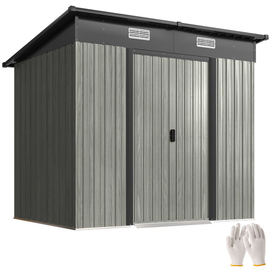 7 x 4ft Outdoor Storage Shed with Foundation Kit, Lean to Metal Garden Shed for Log, Rubbish Bin, Tool, Lawnmower, Bike, Patio Use, Light Grey Wood Effect