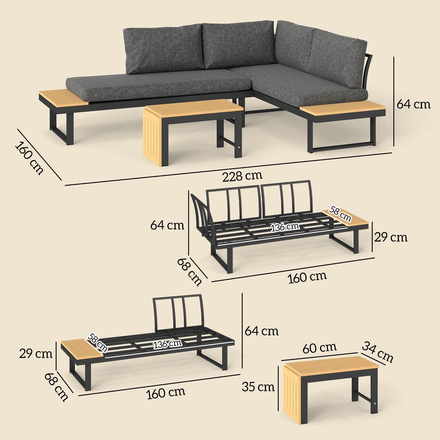 4 Seater L Shaped Aluminium Garden Furniture Set with Coffee Table