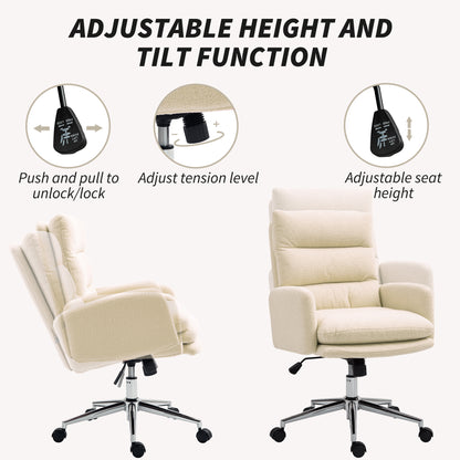 Upholstered Desk Chair with Height Adjustable, Cream White