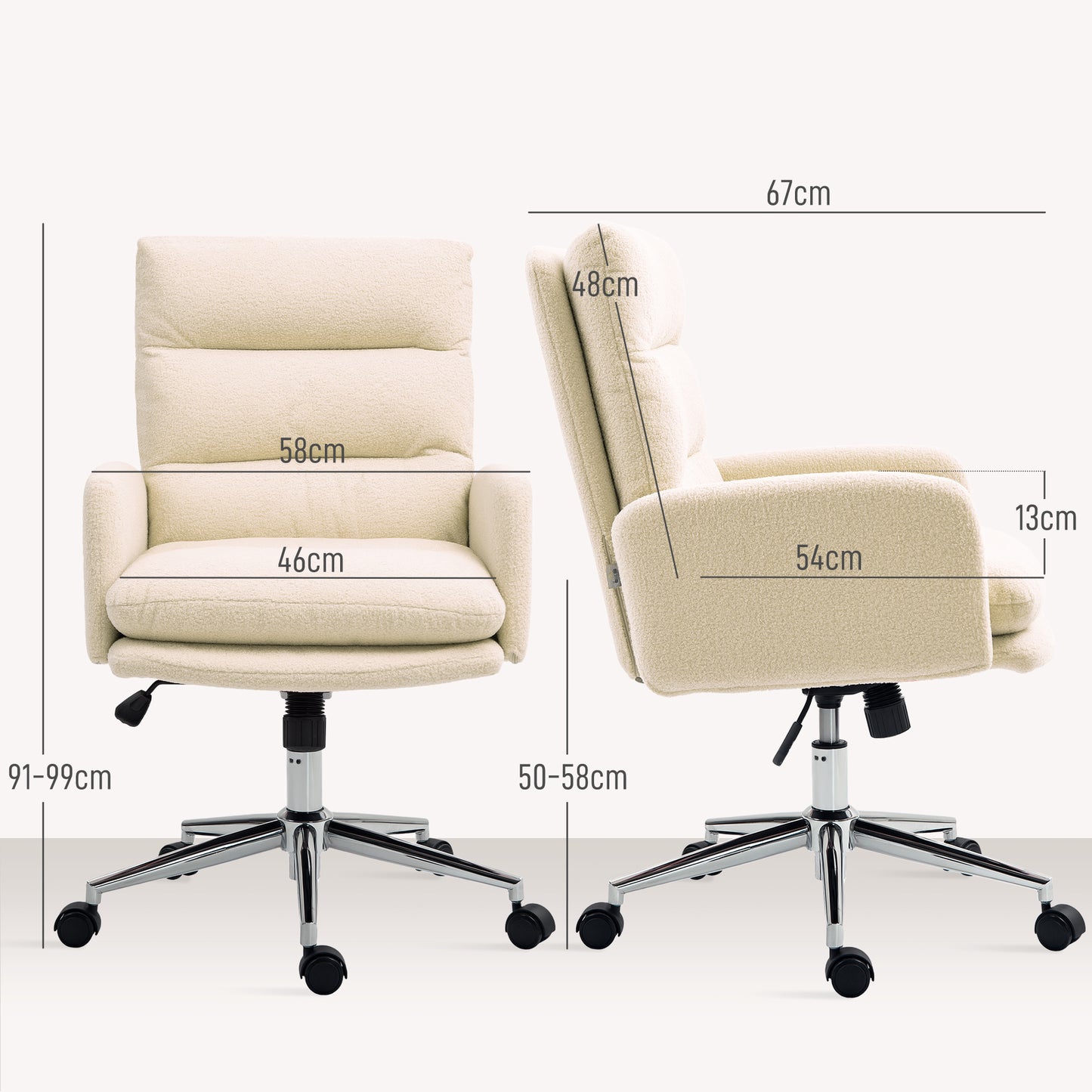 Upholstered Desk Chair with Height Adjustable, Cream White