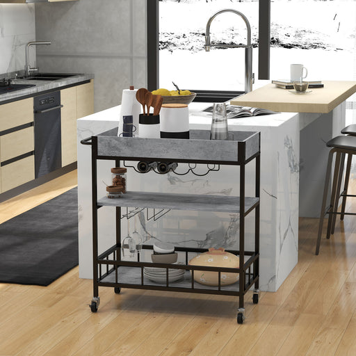 3-Tier Kitchen Cart, Kitchen Island with Storage Shelves, Removable Tray, Wine Racks, Glass Holders, Faux Marbled Grey