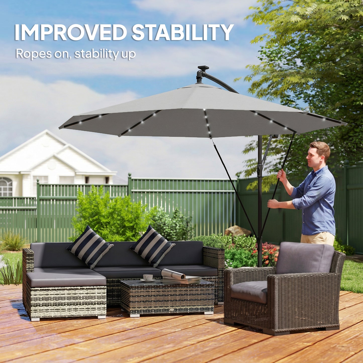 3 m Cantilever Parasol Solar LED Lights, Light Grey