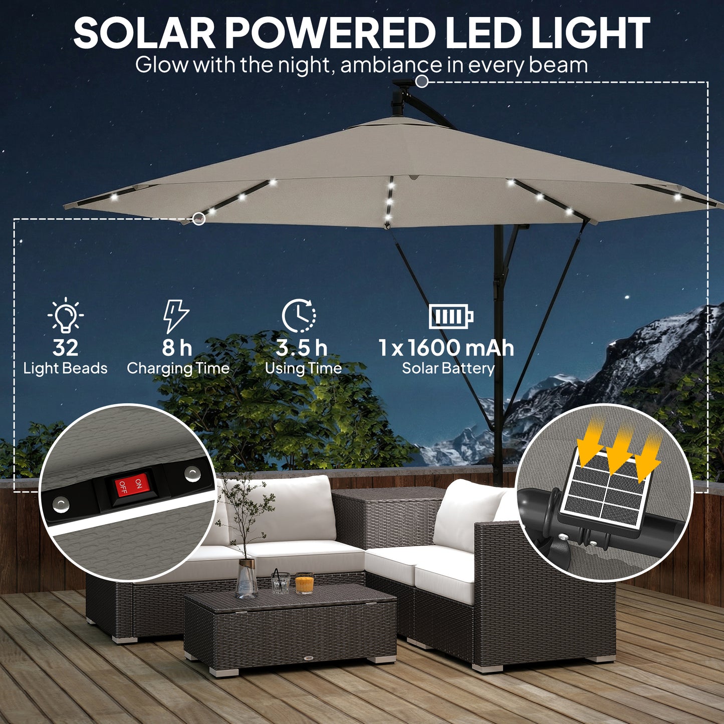 3 m Cantilever Parasol Solar LED Lights, Light Grey