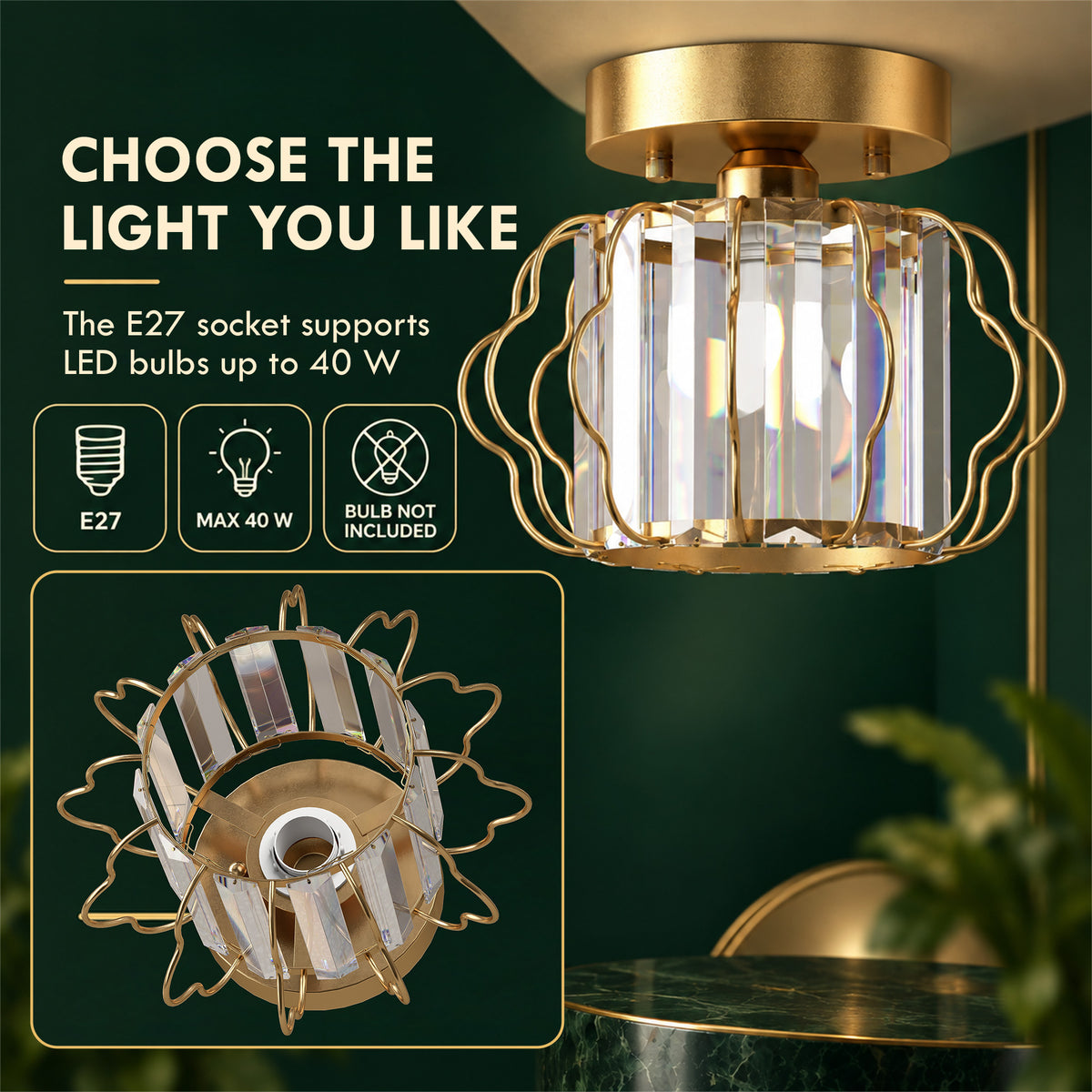 Set of 2 Crystal Ceiling Lights (E27 Bulbs Not Included) - Gold Tone