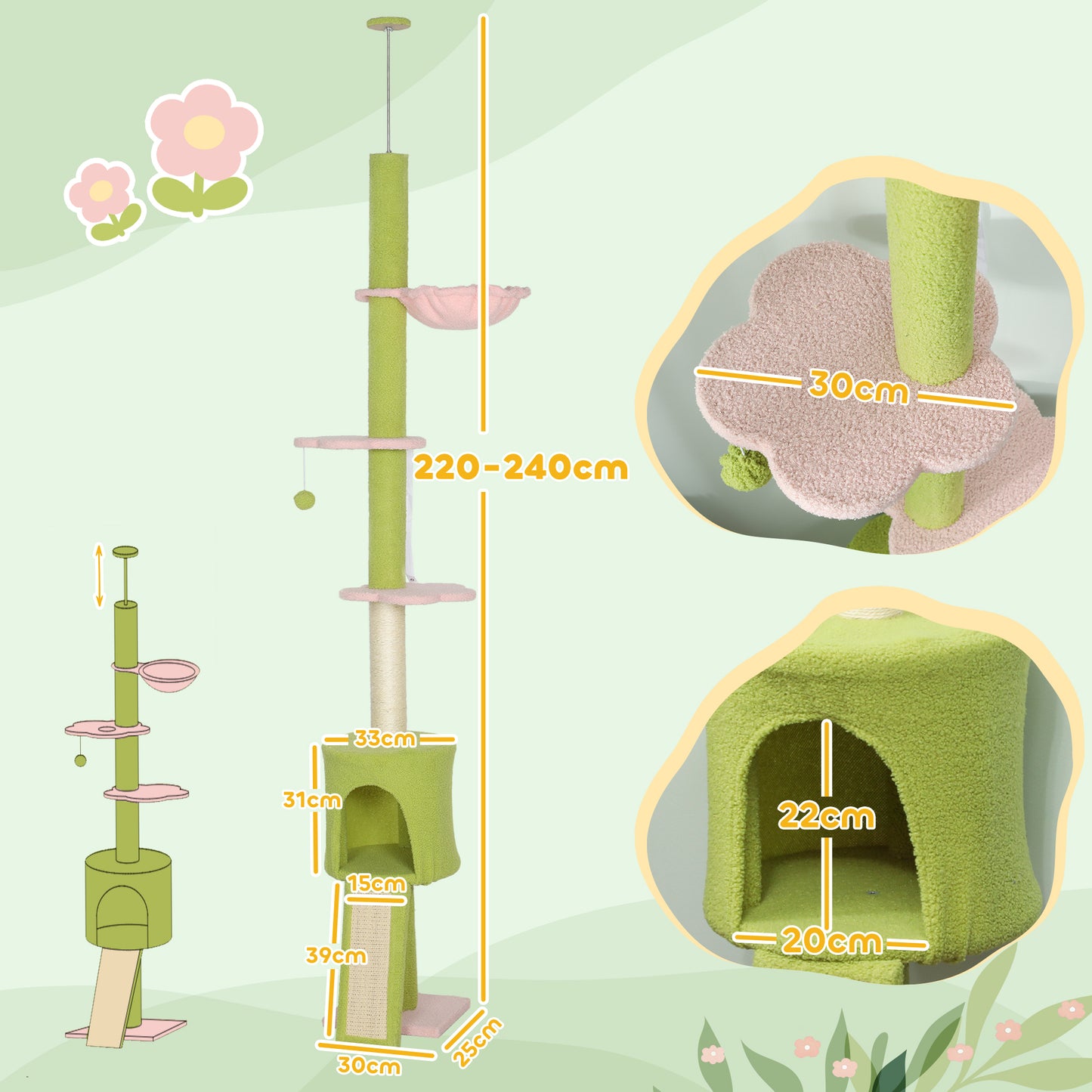 Floor to Ceiling Cat Tree Adjustable Height 220-240 cm Cat Tower