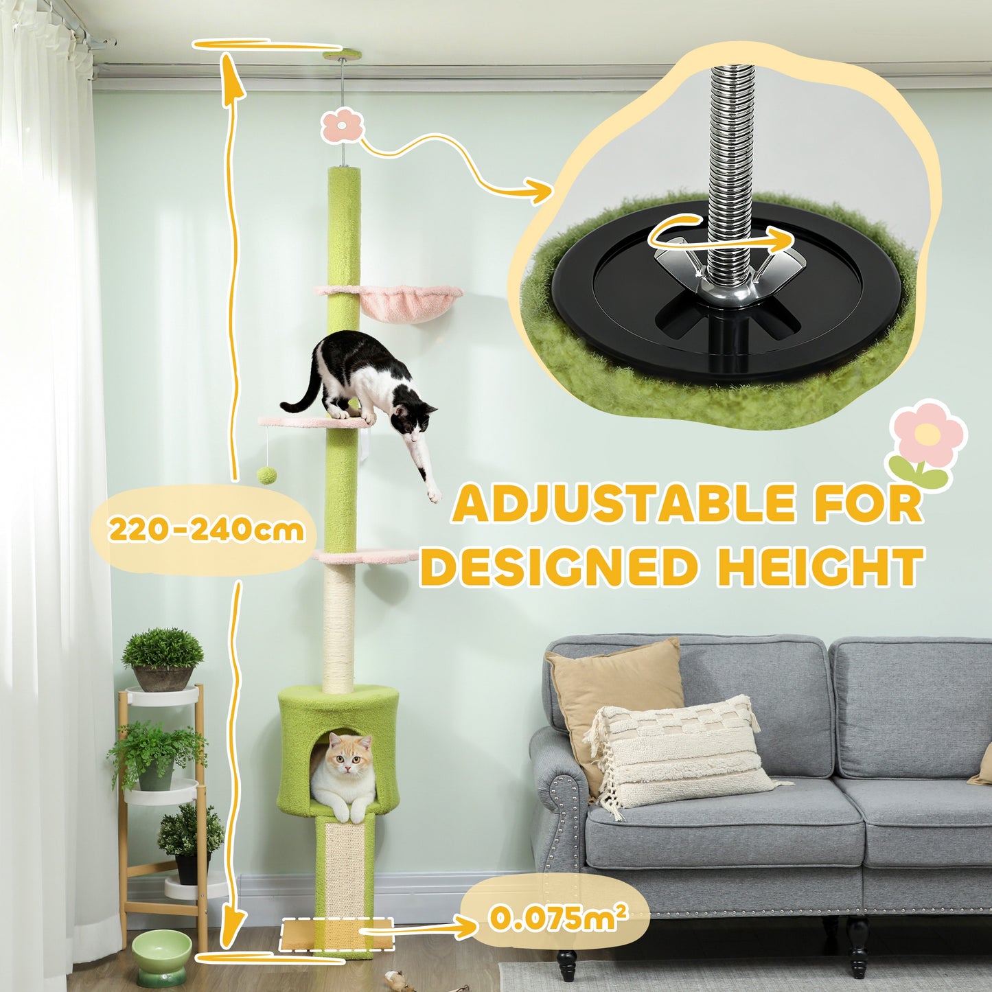 Floor to Ceiling Cat Tree Adjustable Height 220-240 cm Cat Tower