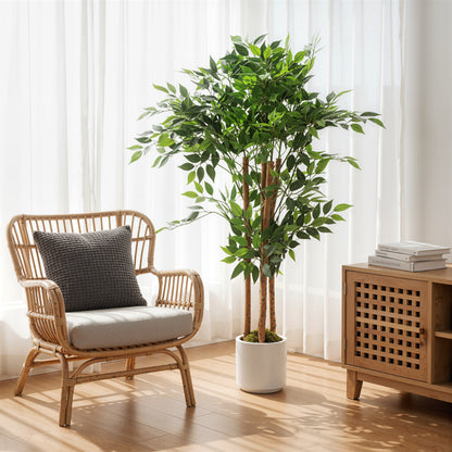 120cm Artificial Ficus Tree, Decorative Artificial Plant with Solid Wood Trunk and Pot for Indoor Living Room Home Office Decor, Green
