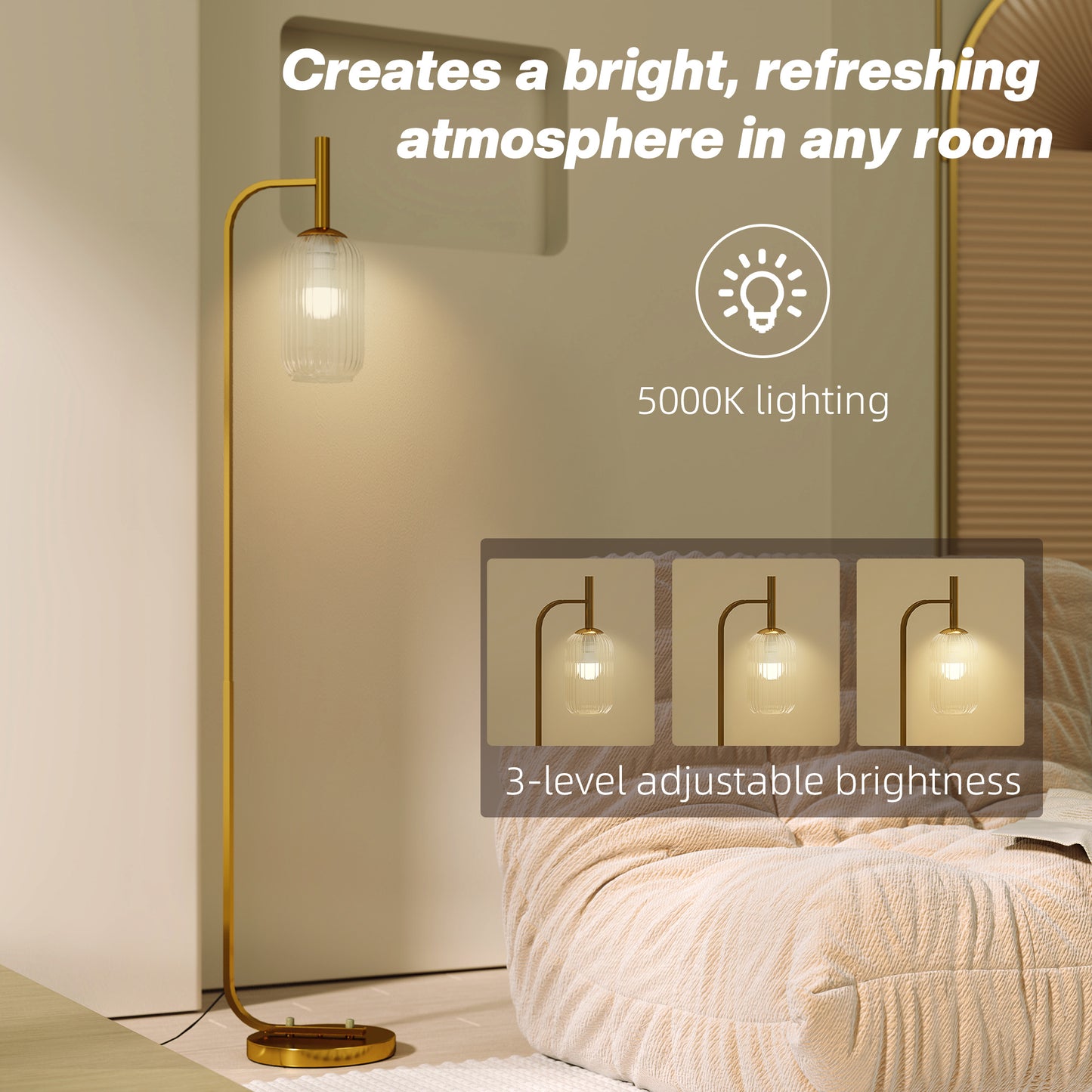 Modern Floor Lamp with Glass Lampshade, Foot Switch for Living Room