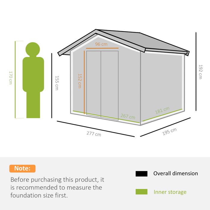 9 x 6 ft Metal Garden Storage Shed Corrugated Steel Roofed Tool Box with Foundation Ventilation and Doors, Green