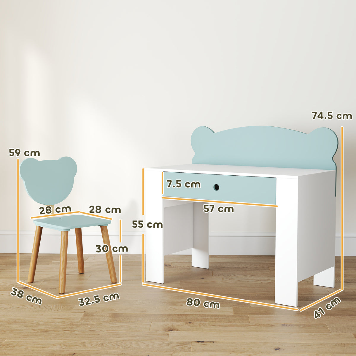 Kids' Desk and Chair Set with Storage Drawer and Bear Backrest - Green & White