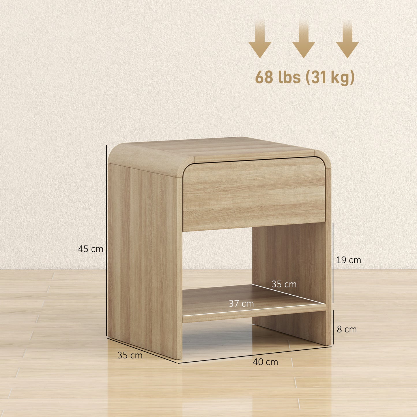 Bedside Tables Set of 2, Rounded Corner Nightstand Drawer Natural