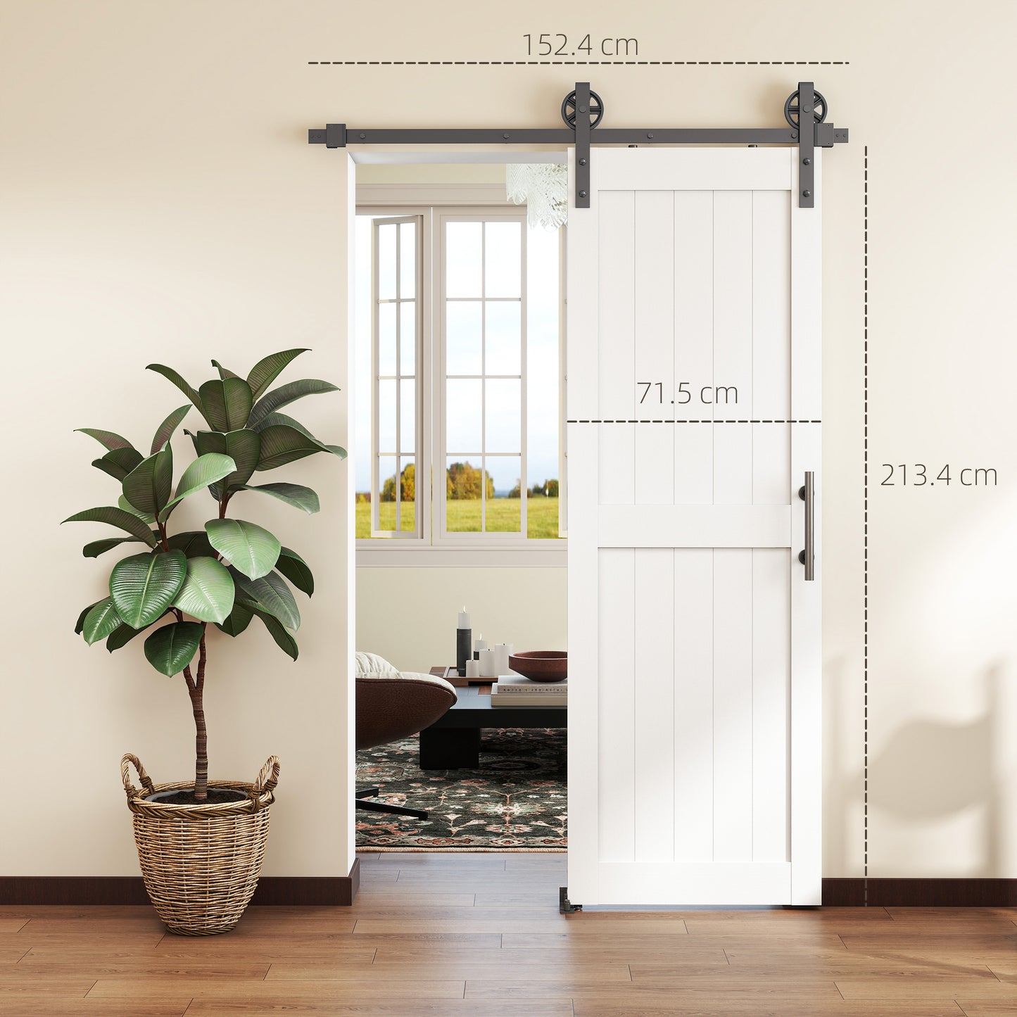 152.4cm Sliding Barn Door Kit, Sliding Door with Track, Hardware, Upgraded Rollers and Floor Guide, Industrial Handle, Water-Proof PVC Surface, White
