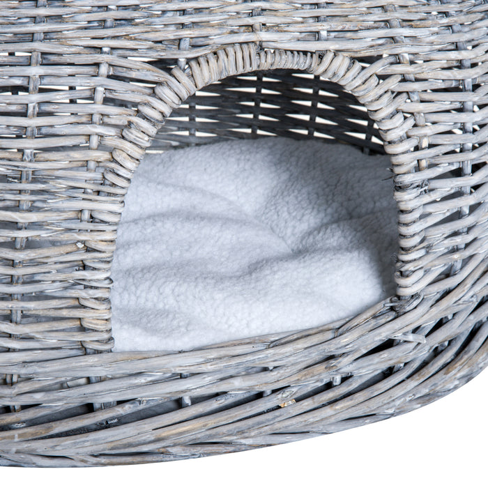 2-Tier Wicker Cat House Elevated Pet Bed Basket Willow Kitten Tower Pet Den. with Washable Cushions 56x37x40cm Grey