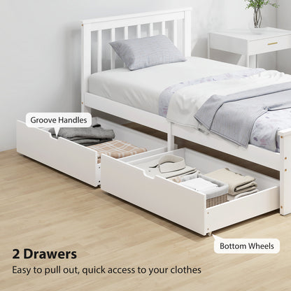 Wooden Single Storage Bed with 2 Drawers, Pine Wood Bed Frame, 90 x 190 cm, White