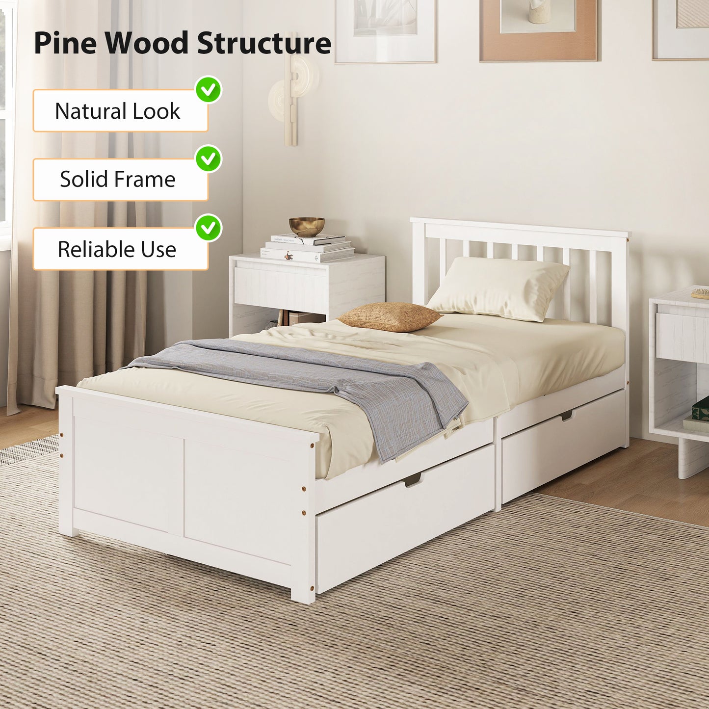 Wooden Single Storage Bed with 2 Drawers, Pine Wood Bed Frame, 90 x 190 cm, White
