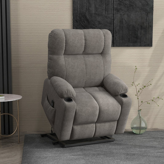 Velvet-Feel Electric Riser Recliner with Remote, Footrest, Cup Holders and Side Pockets - Grey