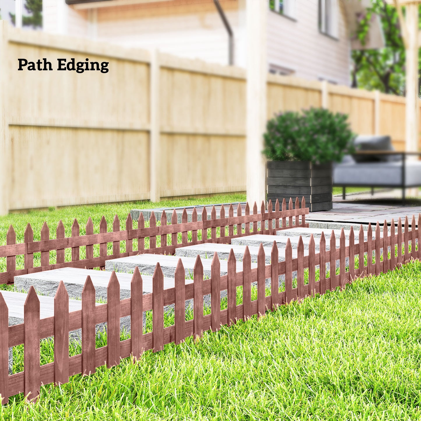Pack of 12 Wooden Border Fences, Garden Fixed Picket Fence for Lawn Edging, Flowerbed, 60L x 1D x 34H cm, Rustic Brown