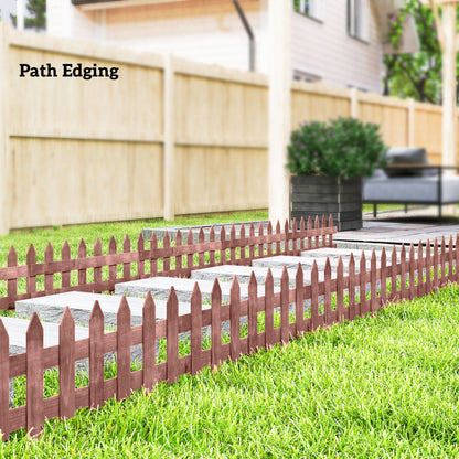 Pack of 12 Wooden Border Fences, Garden Fixed Picket Fence for Lawn Edging, Flowerbed, 60L x 1D x 34H cm, Rustic Brown
