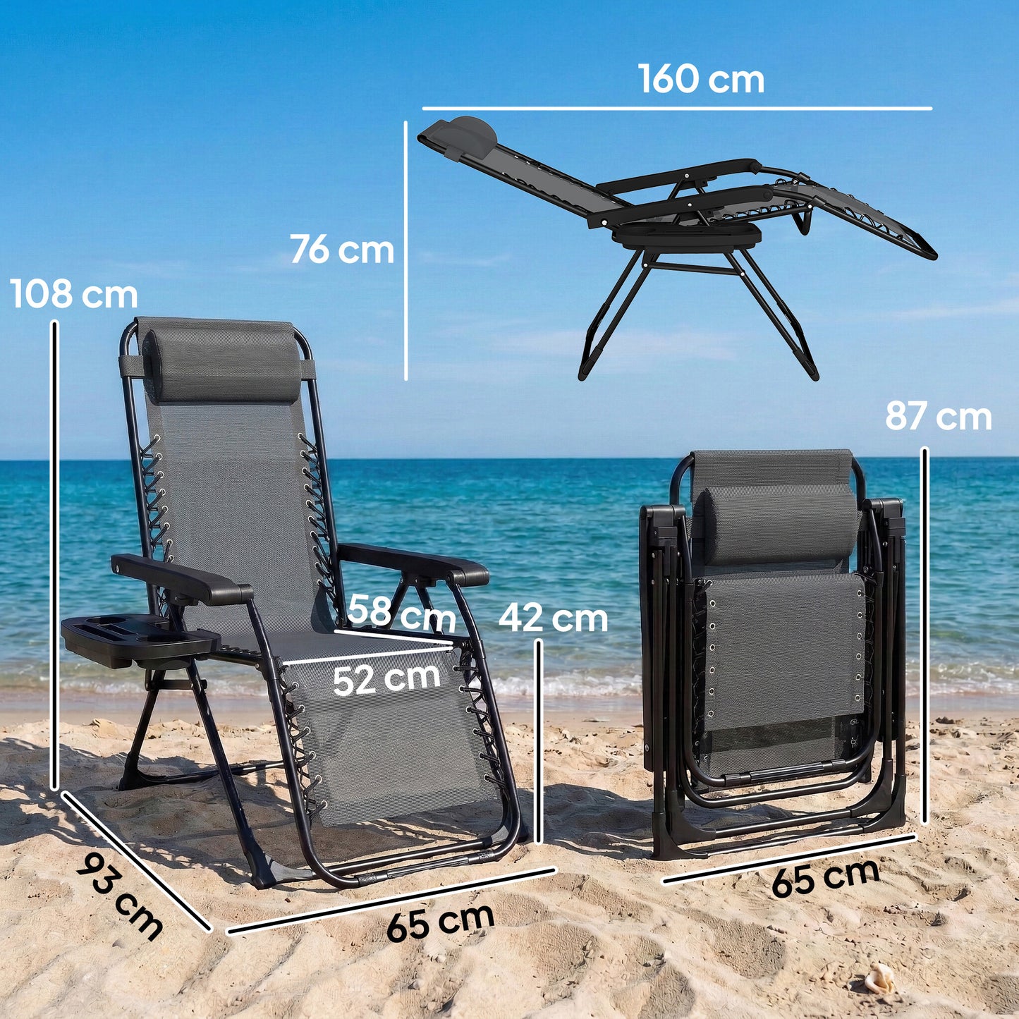 Zero Gravity Chair Sun Lounger with Cup Holder, Cushion, Light Grey