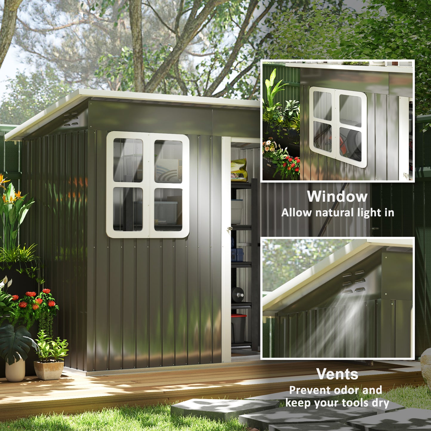 7 x 4ft Galvanised Steel Garden Shed with Foundation Kit, Grey