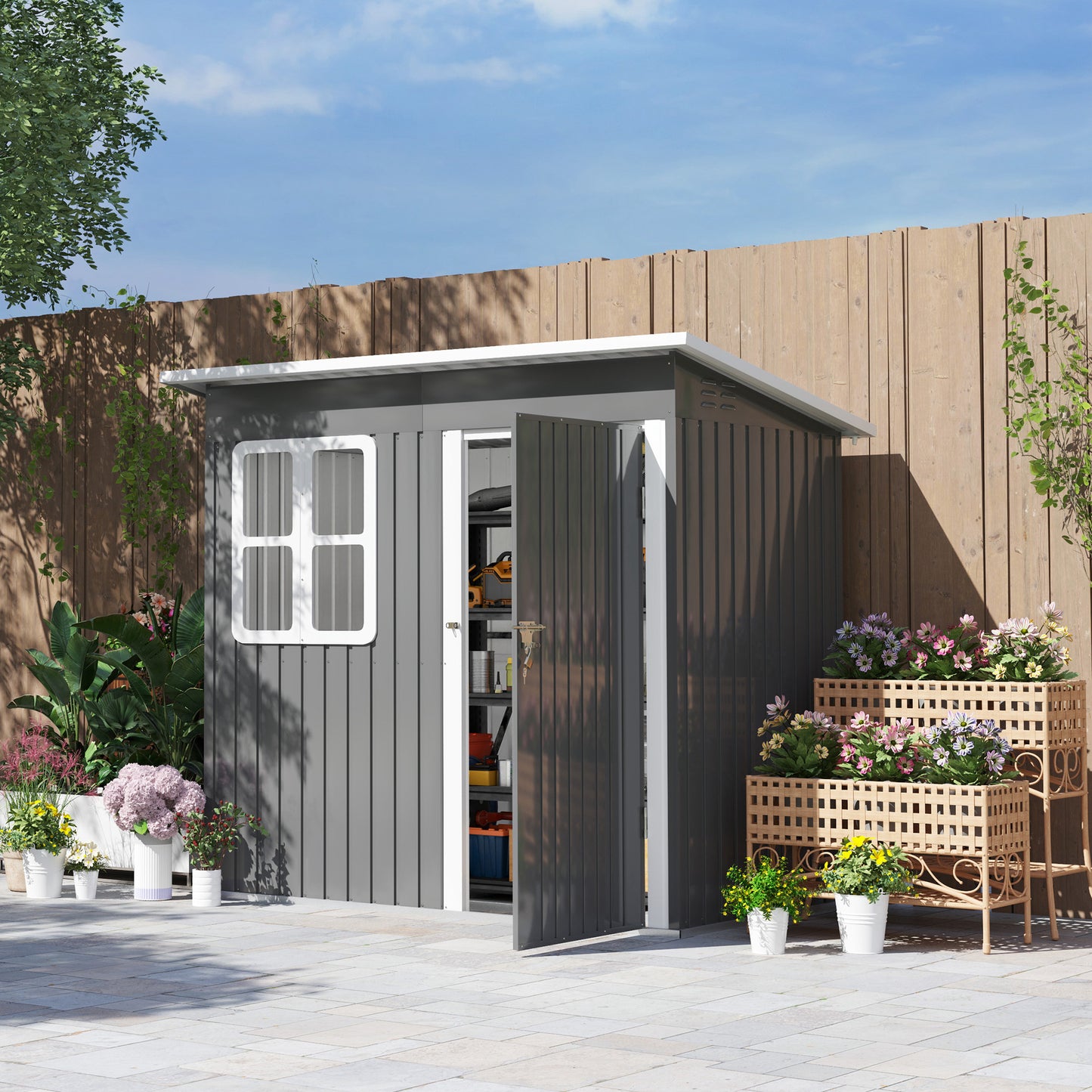 7 x 4ft Galvanised Steel Garden Shed with Foundation Kit, Grey