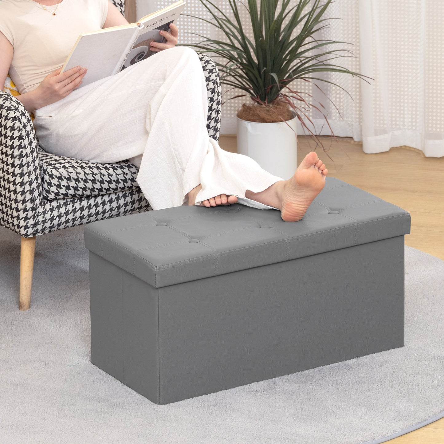 Storage Ottoman Bench, 89L PU Leather Folding Foot Rest, Grey