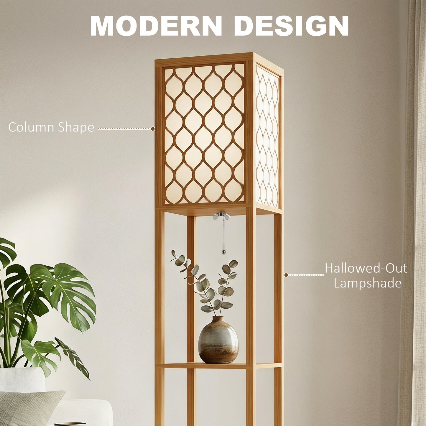 2-Light Modern Floor Lamp w/ Shelves, Bedroom, Natural Wood Finish