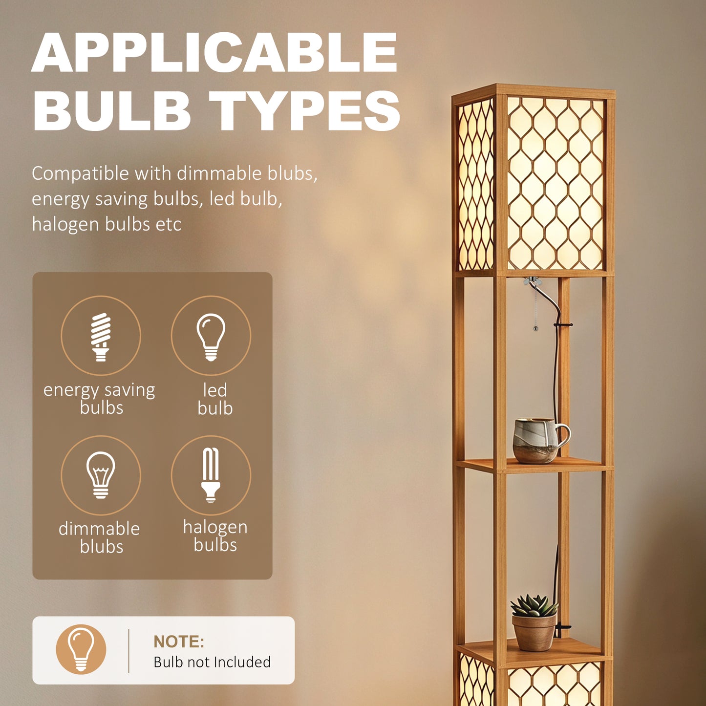2-Light Modern Floor Lamp w/ Shelves, Bedroom, Natural Wood Finish