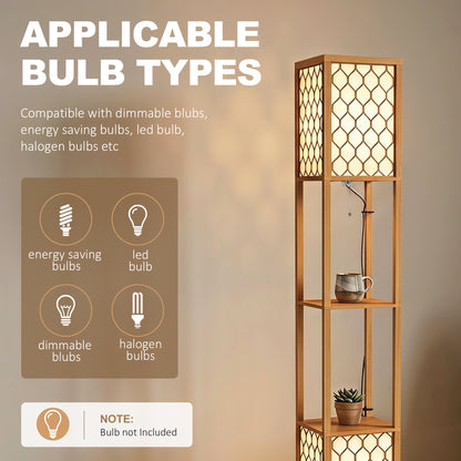 2-Light Modern Floor Lamp w/ Shelves, Bedroom, Natural Wood Finish