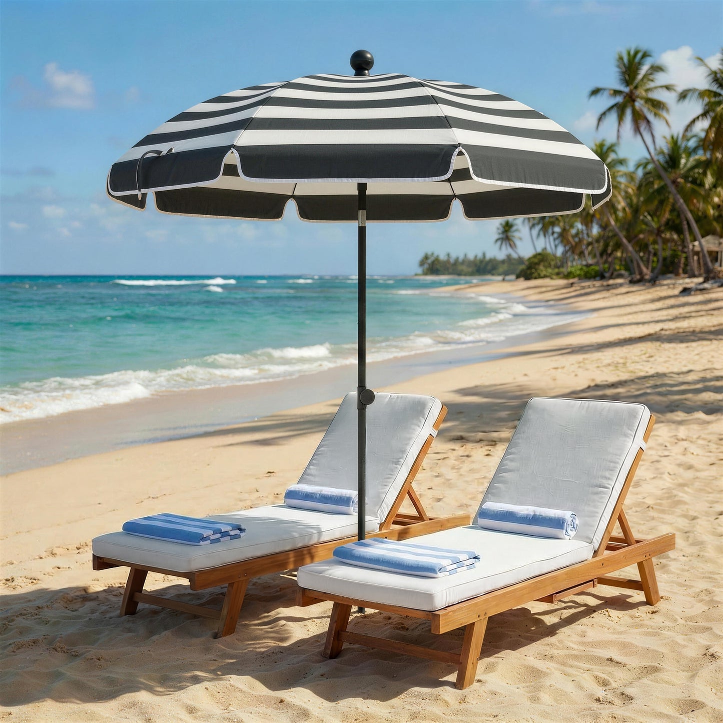 1.8 m Beach Umbrella Parasol with Sand Anchor, Tilt, Grey/White