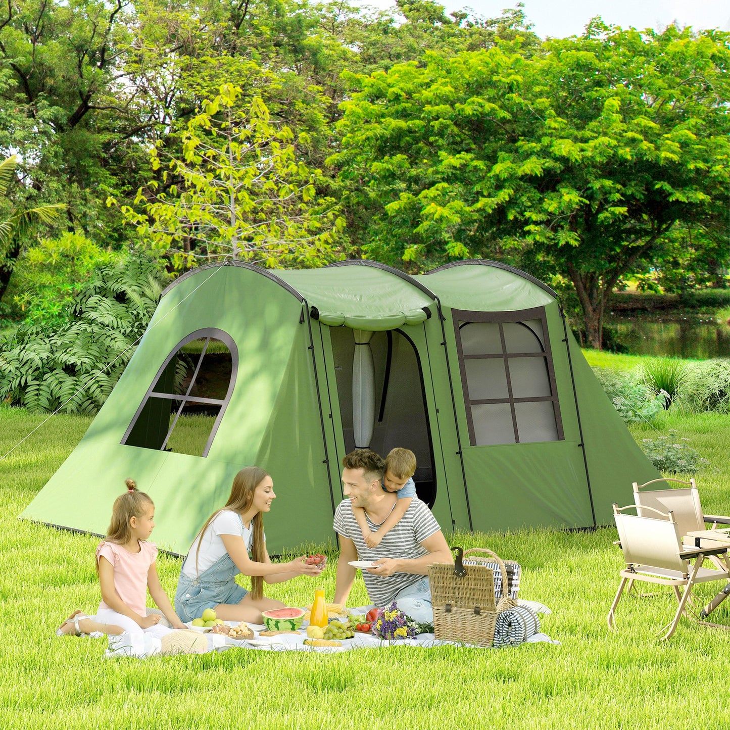 3-4 Man Tunnel Tent with Sewn in Floor, 3000mm Waterproof, Green