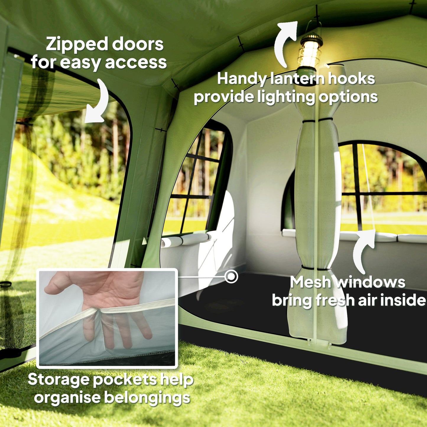 3-4 Man Tunnel Tent with Sewn in Floor, 3000mm Waterproof, Green