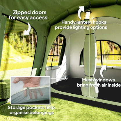 3-4 Man Tunnel Tent with Sewn in Floor, 3000mm Waterproof, Green