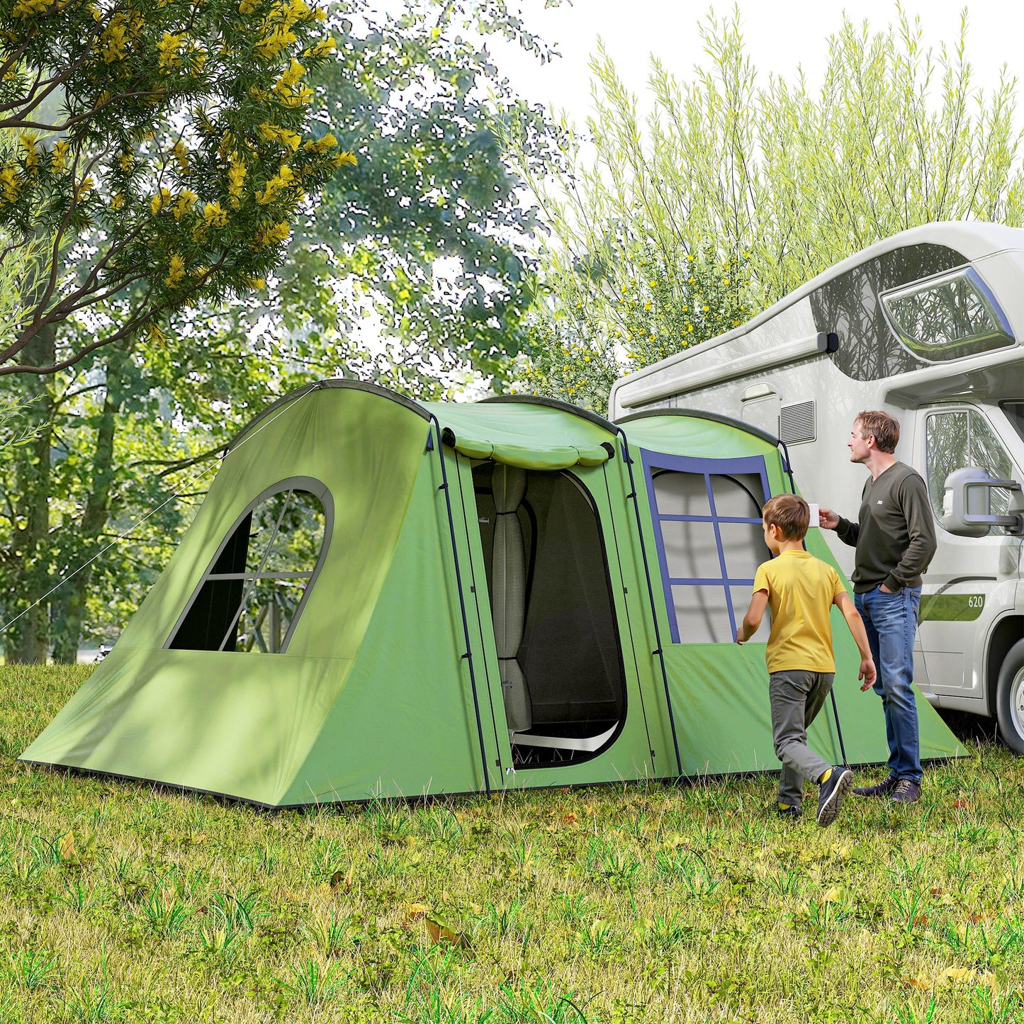 3-4 Man Tunnel Tent with Sewn in Floor, 3000mm Waterproof, Green