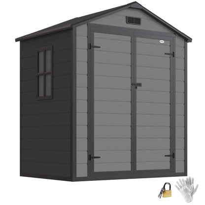 6 x 4.5FT Plastic Garden Shed with Floor, All Weather Resin Outdoor Storage Shed, Lockable Tool Storage with Window, Vent and Pent Roof for Patio Lawn, Dark Grey